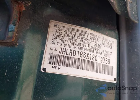 2001 Honda Cr-V Ex from USA, damaged, VIN JHLRD186X1S019769